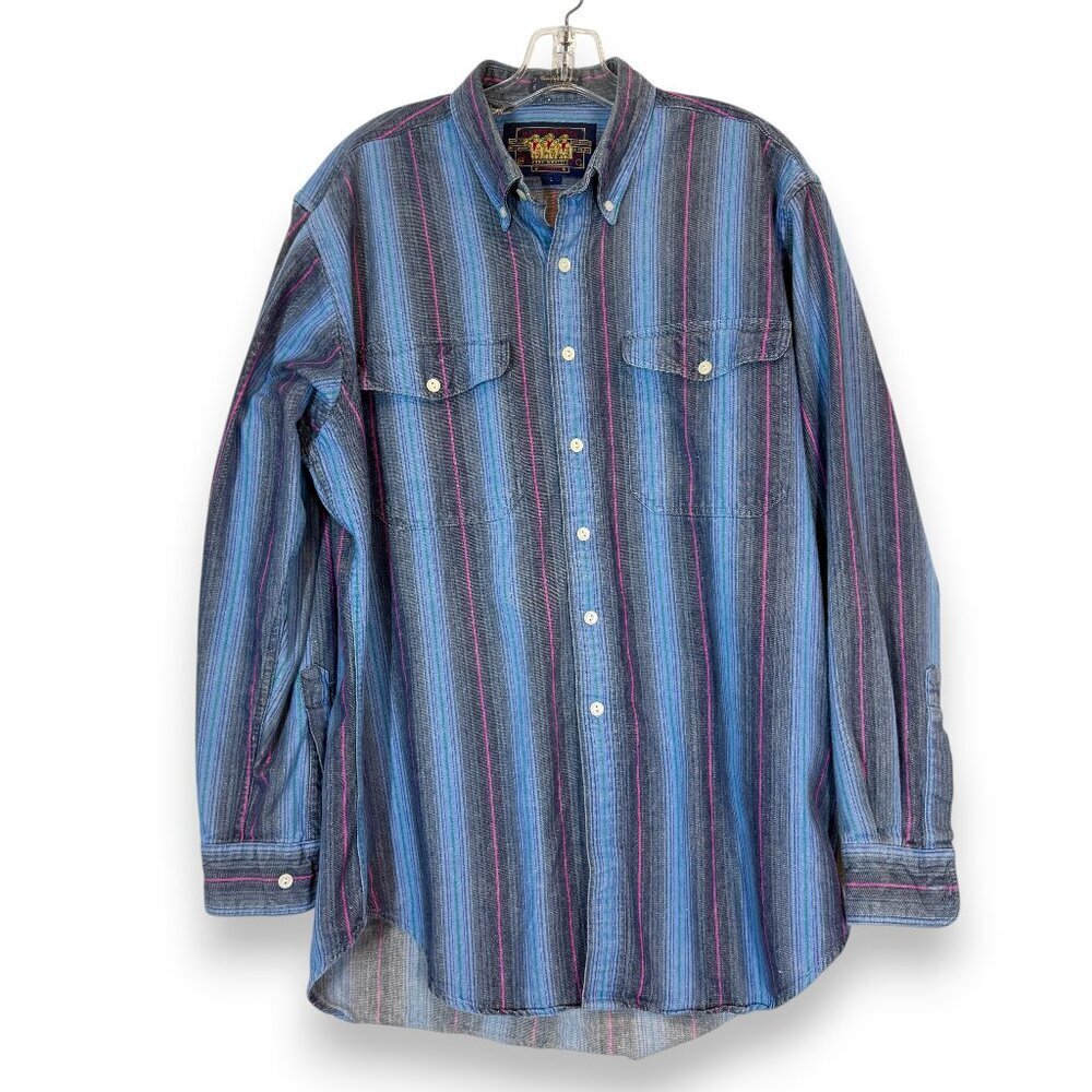 Ralph Lauren Vintage Chaps Shirt Blue Western Striped Button Down 90s Large